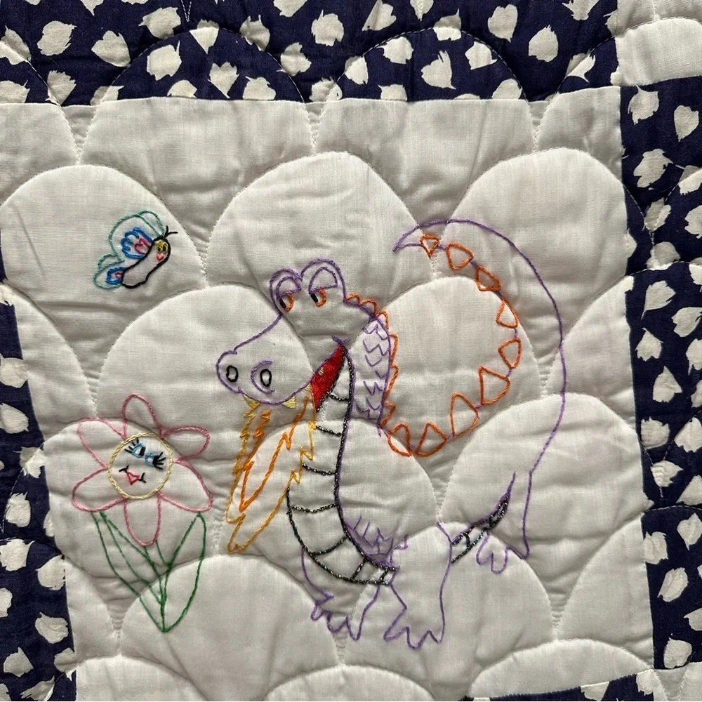 Vintage Hand stitched dragon quilt whimisical fairytale blanket